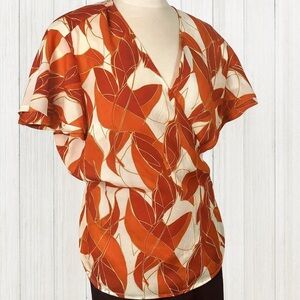 Lane Bryant Red Orange Leaf Print Wrap Blouse Flutter Sleeve V-Neck  Size 22-24